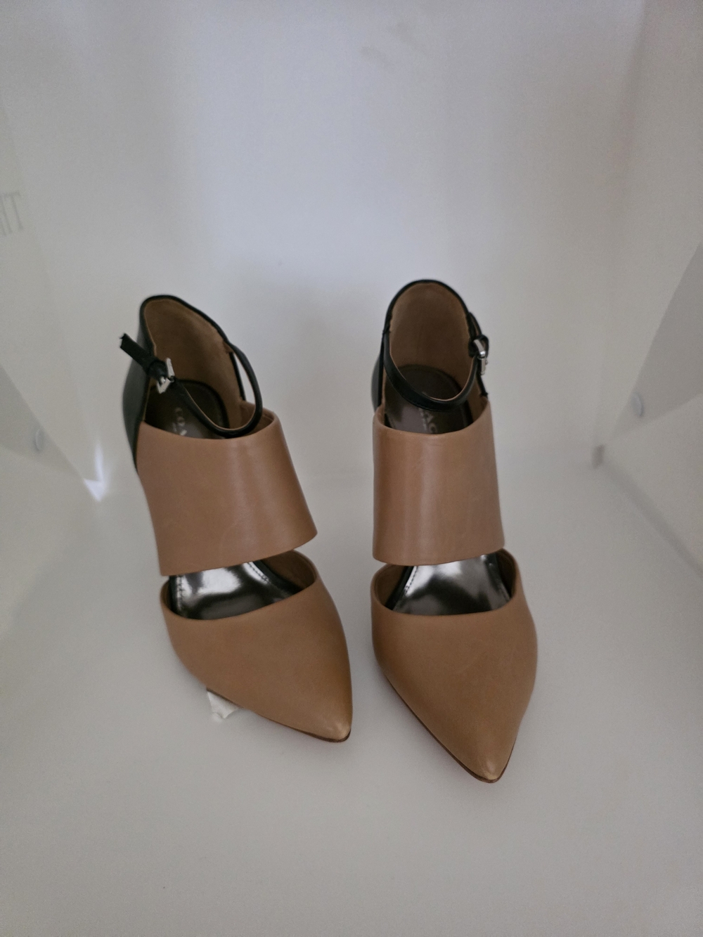 Coach Two-Tone Tan and Black Pointed Strap Heels